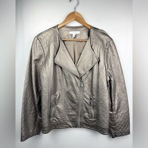 Chico's Faux Leather Quilted Moto Jacket Metallic Champagne Size 2 US Large/12
